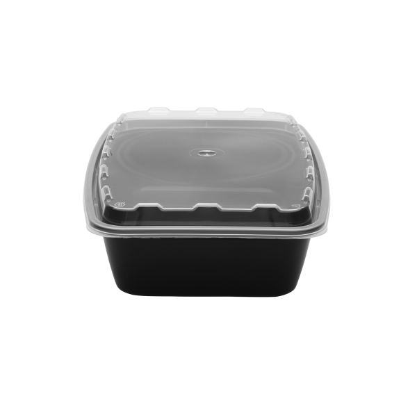 The 56oz Rectangle is a black plastic food container with a clear, fitted lid, displayed against a plain white background.