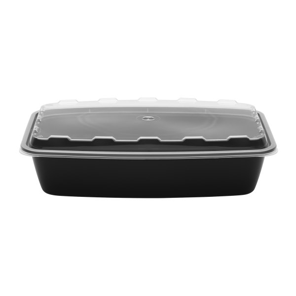 The 56oz Rectangle is a black plastic rectangular food container with a clear, fitted lid, shown against a plain white background.