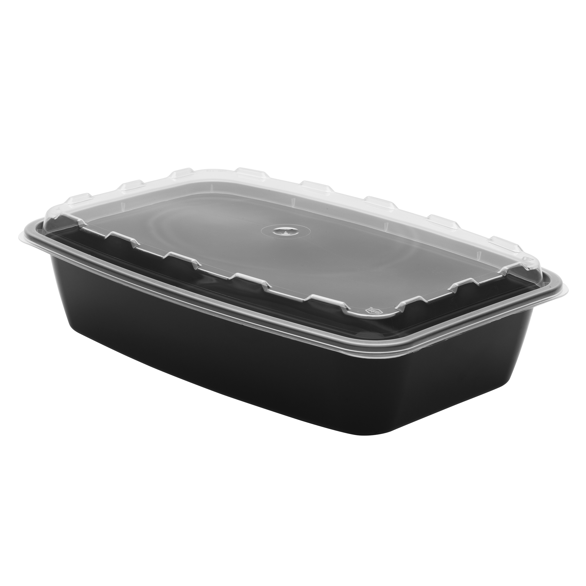 The 56oz Rectangle is a black plastic food container with a clear, fitted lid, shown against a plain white background.