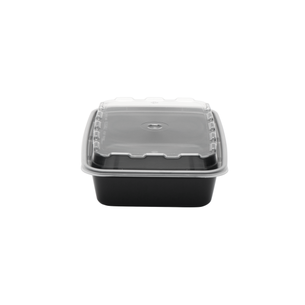 A 16oz Rectangle black plastic food container with a clear lid, displayed against a plain white background.