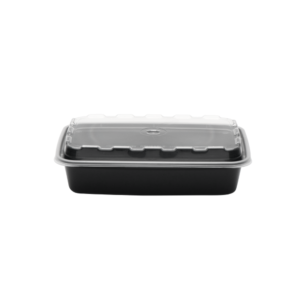 The 16oz Rectangle is a black plastic food container with a clear, fitted lid, shown on a plain white background.