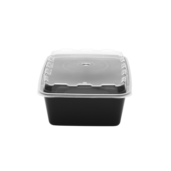 The 38oz Rectangle is a black plastic food container with a clear lid, displayed against a plain white background.