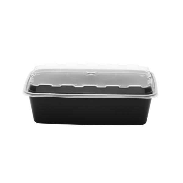 The 38oz Rectangle is a black plastic rectangular food container with a transparent snap-on lid, displayed against a plain white background.