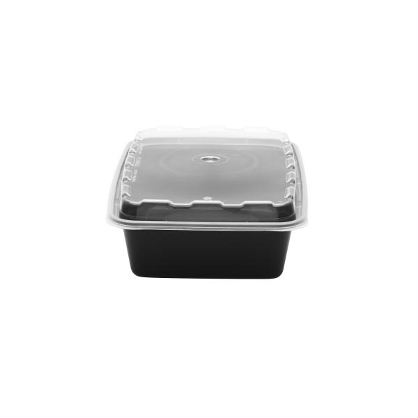 The 28oz Rectangle is a black plastic food container with a clear lid, shown on a plain white background.