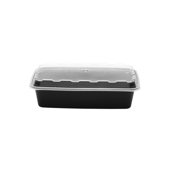 The 28oz Rectangle is a black plastic rectangular food container with a clear, snap-on lid, displayed against a plain white background.