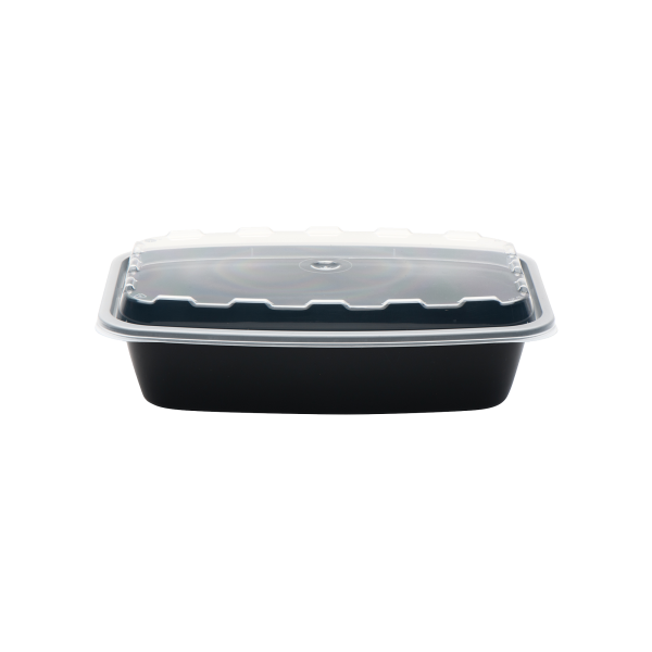 A 28oz rectangle container in black with a clear lid.