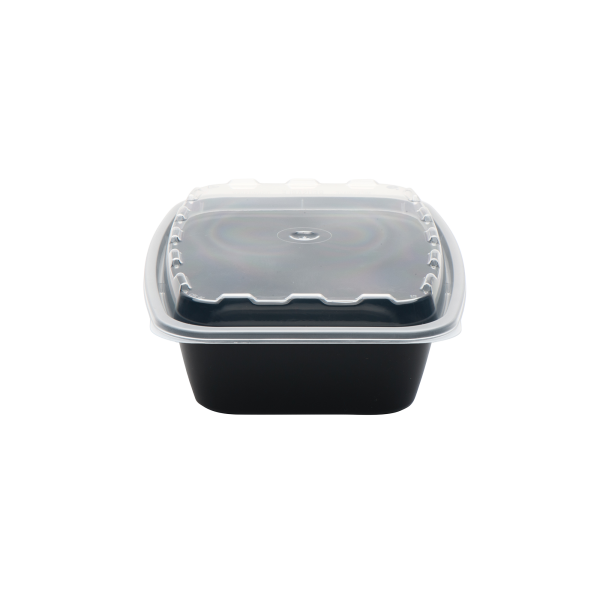 The 28oz Rectangle is a black plastic food container with a clear snap-on lid, shown against a plain white background.