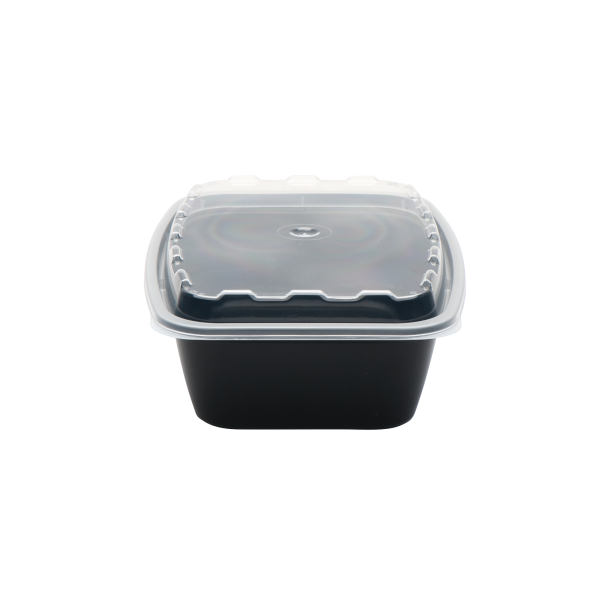 The 38oz Rectangle is a black plastic food container with a clear, snap-on lid, displayed against a plain white background.