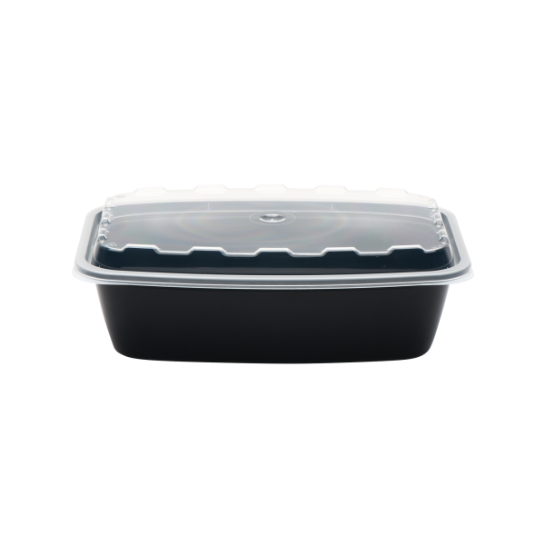 The 38oz Rectangle is a black plastic food container with a clear lid, shown against a plain white background.