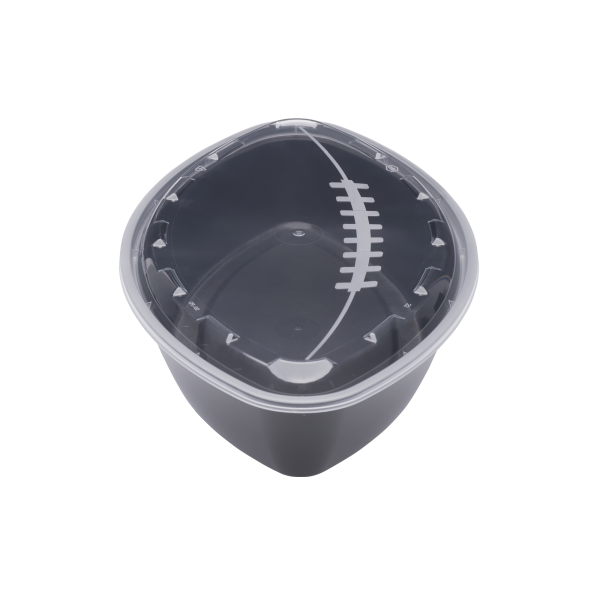 The 56oz Football is a black plastic food container with a clear lid featuring a white football laces design, shown against a plain white background.