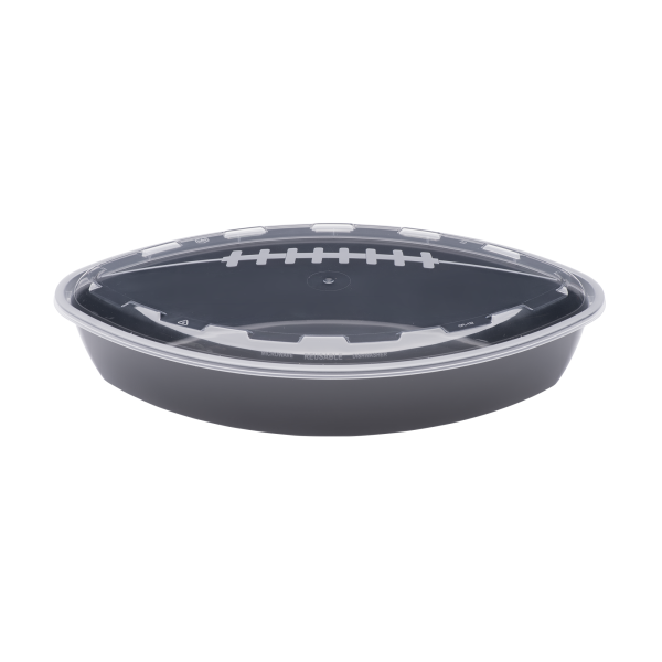 The 56oz Football is an oval black plastic food container with a clear lid, featuring a white football stitching design on top.