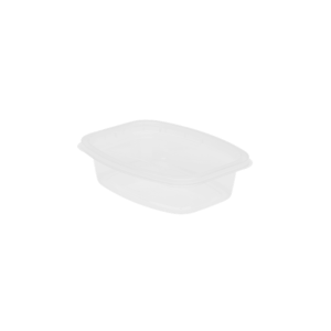 An 8oz Deli clear, rectangular plastic food container with a fitted lid is shown on a plain white background.