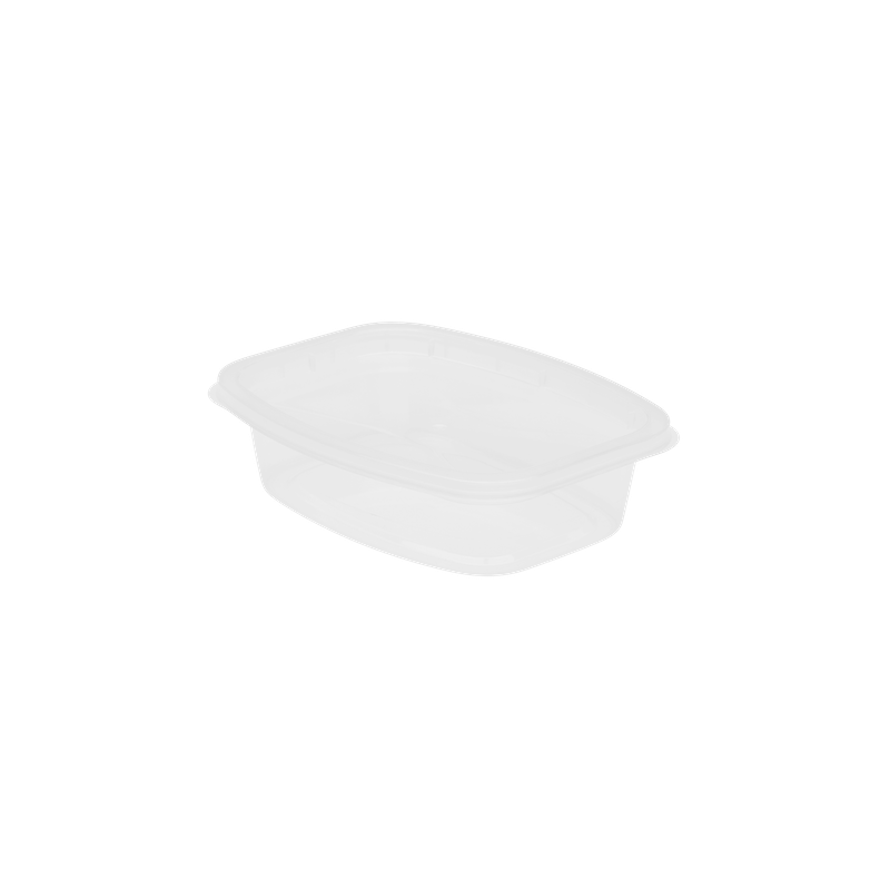 An 8oz Deli clear, rectangular plastic food container with a fitted lid is shown on a plain white background.