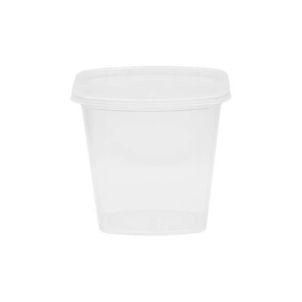 A transparent 32oz Deli plastic container with a square-shaped rim is displayed against a plain white background.