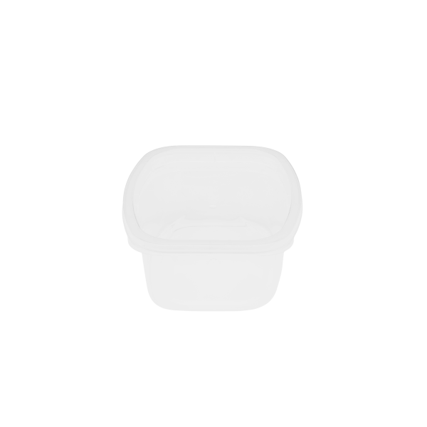 A 12oz Deli clear plastic food storage container with lid, shown empty against a white background.
