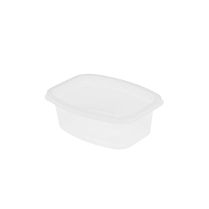 A 12oz Deli rectangular clear plastic food container with matching lid, shown on a plain white background.