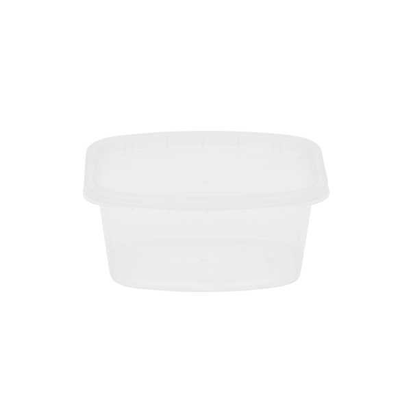 A 16oz Deli clear plastic food storage container with a fitted lid, shown against a plain white background.