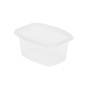 A clear, empty 16oz Deli rectangular plastic food container with a fitted lid is displayed on a white background.
