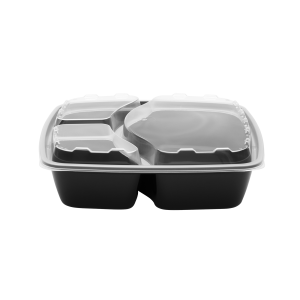 48oz Square, 3-Compartment black plastic meal prep container with a clear plastic lid, displayed on a plain white background.