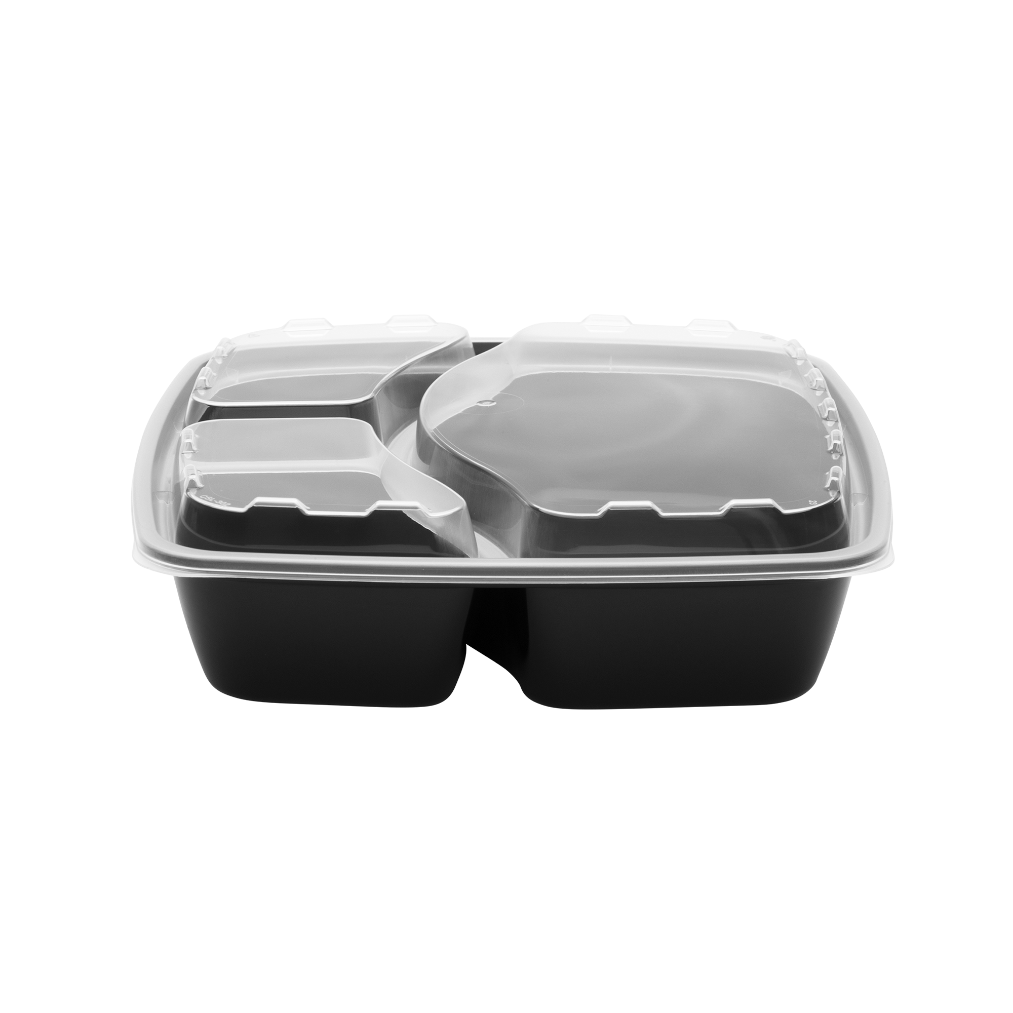 48oz Square, 3-Compartment black plastic meal prep container with a clear plastic lid, displayed on a plain white background.