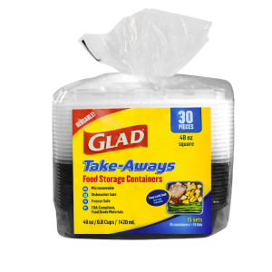 A 15-pack of 48oz Square Glad Take-Aways food storage containers with lids, microwave, dishwasher, and freezer safe, sealed in clear plastic packaging.
