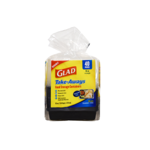 A 40-piece package of Glad 16oz Rectangle food storage containers in a clear plastic bag with a yellow and blue label.