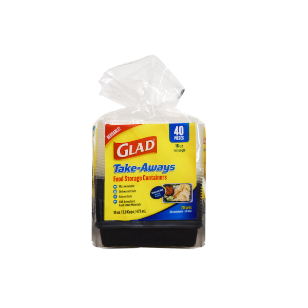 A 40-piece package of Glad 16oz Rectangle food storage containers in a clear plastic bag with a yellow and blue label.