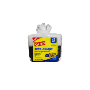 A package of Glad Take-Aways 8oz Deli/Snack food storage containers, 40 pieces, featuring a yellow and blue label with product details and images of the containers.