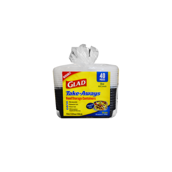 A package of Glad Take-Aways 8oz Deli/Snack food storage containers, 40 pieces, featuring a yellow and blue label with product details and images of the containers.