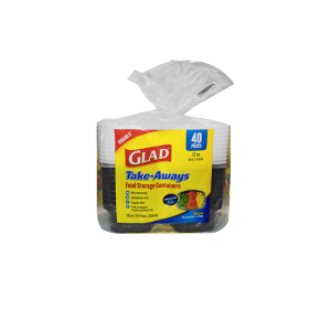 A 40-piece pack of 12oz Deli/Snack Glad Take-Aways food storage containers in clear plastic packaging with a yellow and blue label.