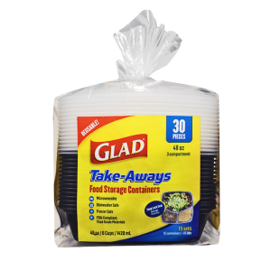 A package of 48oz Square, 3-Compartment Glad Take-Aways food storage containers, 30 pieces, labeled as microwave, freezer, and dishwasher safe.