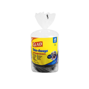A package of Glad Take-Aways 24oz Round food storage containers, 40 pieces, wrapped in clear plastic with a yellow and blue label.