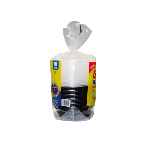 A pack of 40 disposable 24oz Round plastic cups, stacked and wrapped in clear plastic packaging with a yellow and blue label.