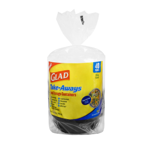 A package of Glad Take-Aways food storage containers, 40 pieces, 32oz round, in clear plastic wrapping with a yellow and blue label.