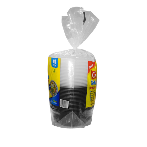 A clear plastic package contains 40 disposable black and white 32oz Round food storage bowls with a yellow and blue label.