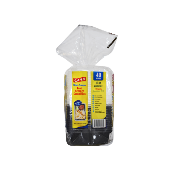 A 40-piece package of Glad Take-Alongs 16oz Rectangle food storage containers in clear plastic, shown against a white background.