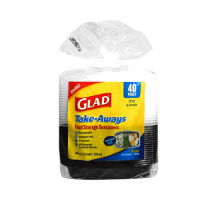 Package of 28oz Rectangle food storage containers from Glad Take-Aways, 40 pieces, with a label displaying product details and usage instructions.