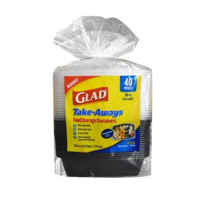 A 40-piece pack of Glad Take-Aways 38oz Rectangle food storage containers, microwave and dishwasher safe, wrapped in clear plastic.