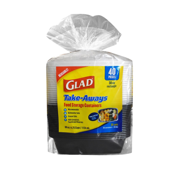 A 40-piece pack of Glad Take-Aways 38oz Rectangle food storage containers, microwave and dishwasher safe, wrapped in clear plastic.