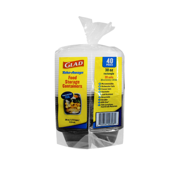 A package of 38oz Rectangle Glad Take Aways food storage containers, 40 pieces, wrapped in clear plastic with a yellow and blue label.