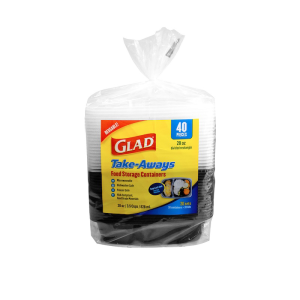 A 40-piece pack of Glad Take-Aways 28oz Rectangle, 2-Compartment food storage containers, microwave safe and BPA-free, with white lids and clear containers, wrapped in plastic packaging.