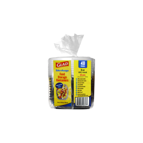 A 40-pack of 8oz Deli/Snack food storage containers, sealed in clear plastic with a yellow label.