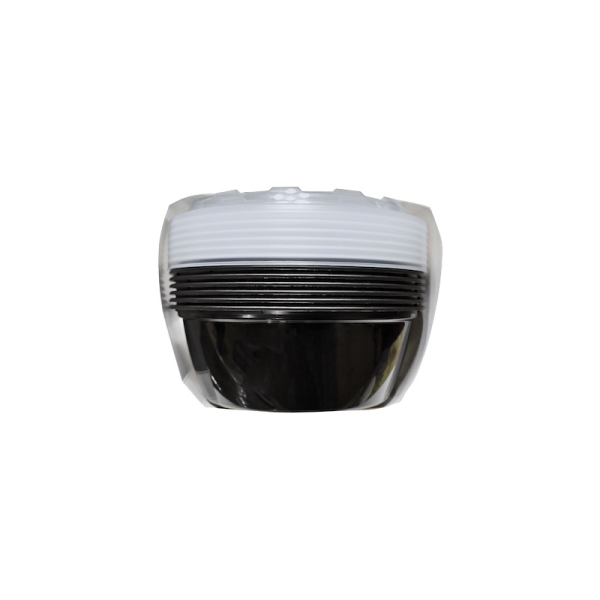 The 24oz Round is a black and white striped plastic container with a rounded shape, shown from the front against a plain white background.