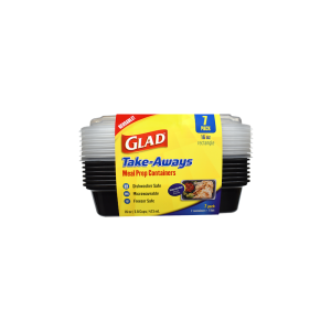 A 7-pack of Glad Take-Aways 16oz Rectangle containers in black with clear lids; dishwasher, microwave, and freezer safe.