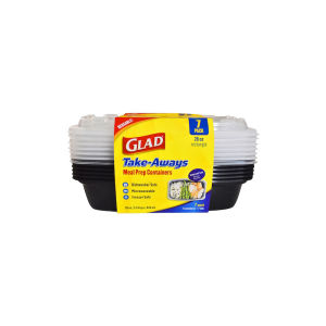 A 7-pack of Glad Take-Aways 28oz Rectangle meal prep containers with lids; packaging says they're dishwasher safe, microwaveable, and freezer safe.