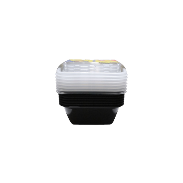 A side view of a stack of 28oz Rectangle black plastic food containers with clear lids on a plain white background.