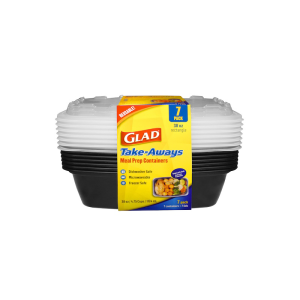 A 7-pack of Glad Take-Aways 38oz Rectangle meal prep containers with lids, in black and clear plastic, labeled dishwasher, microwave, and freezer safe.