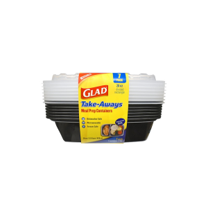 A stack of Glad Take-Aways 28oz Rectangle 2-Compartment meal prep containers in black and clear plastic, packaged in a 7-pack, labeled dishwasher, microwave, and freezer safe.