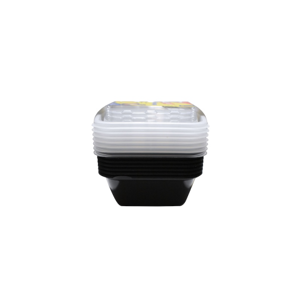 A stack of 28oz rectangle, 2-compartment black plastic food containers with transparent lids, viewed from the side against a plain white background.