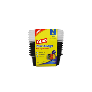 A 7-pack of 12oz Deli/Snack containers, in black with clear lids, is shown. The packaging notes they are safe for dishwasher, microwave, and freezer use.